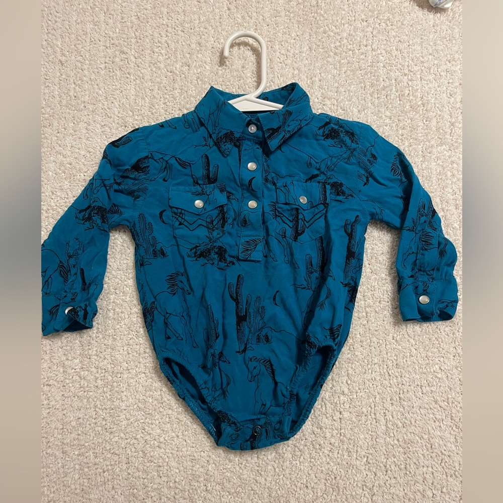 Wrangler Teal Pearl Snap Onesie with Western Design- 12 month